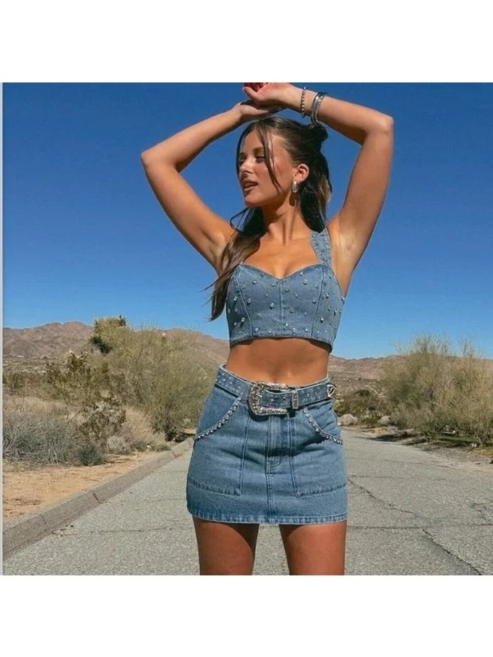 Show Me Your Mumu Shania Denimi Rhinestone Western Crop Top Womens Medium